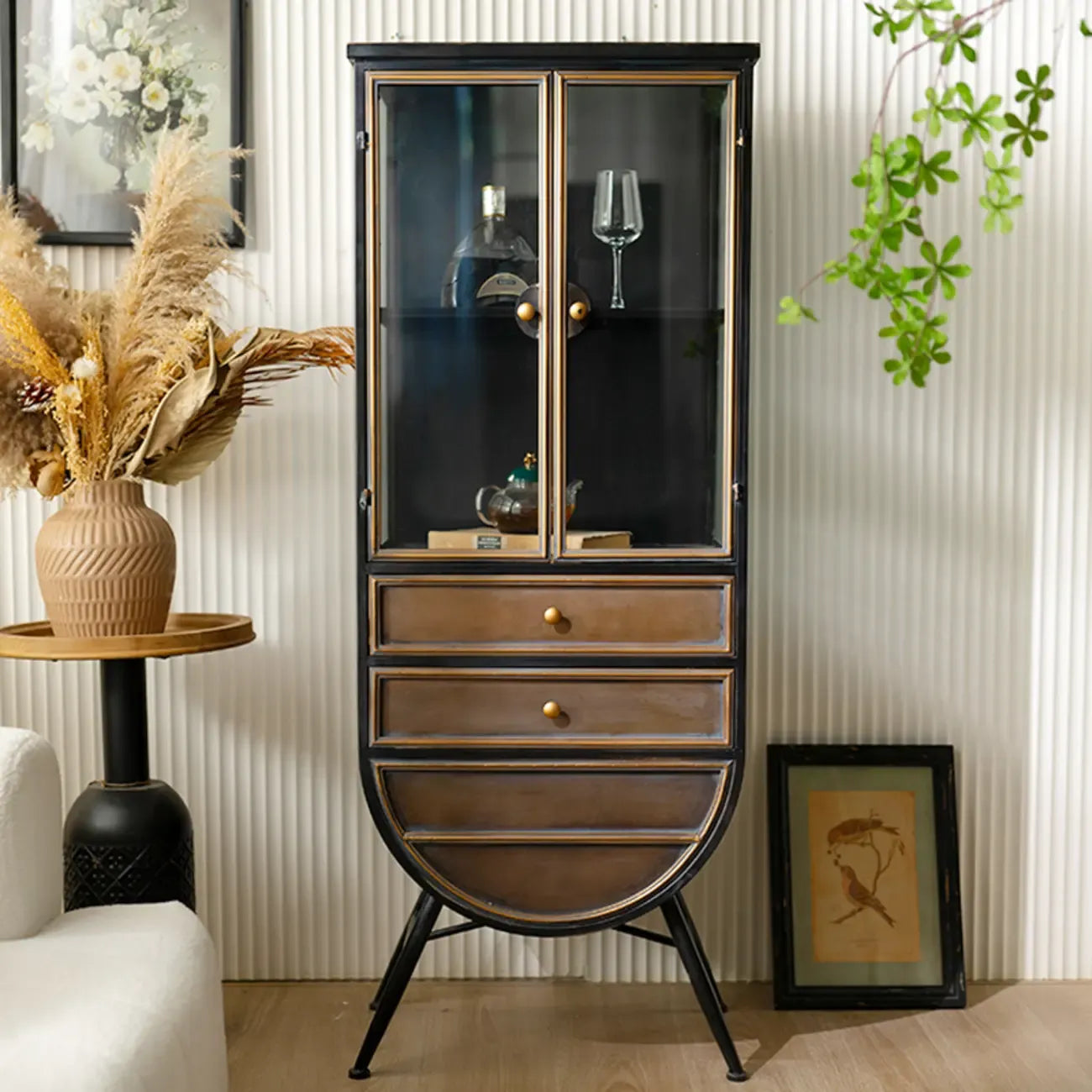 Vintage 3-Drawer Wood Freestanding Wine Cabinet with Doors