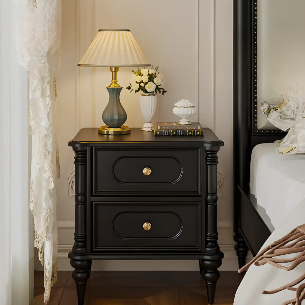 Traditional Black Wood 2 Tiers Drawer Nightstand