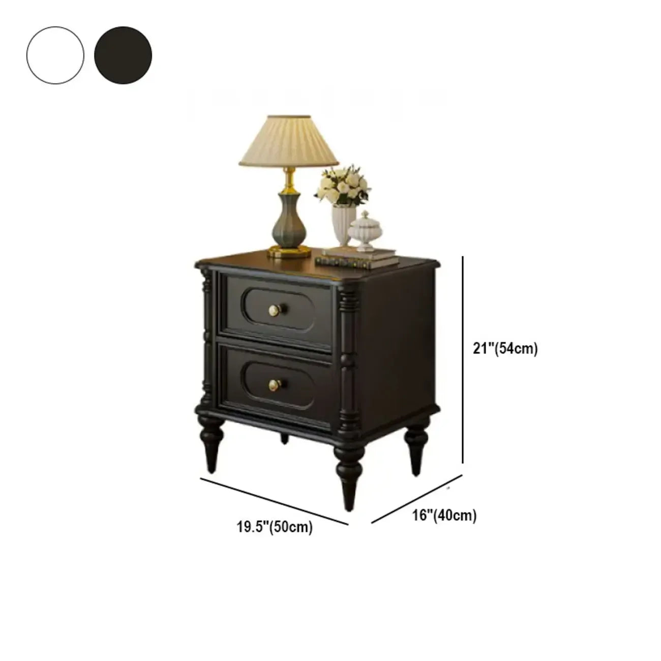 Traditional Black Wood 2 Tiers Drawer Nightstand