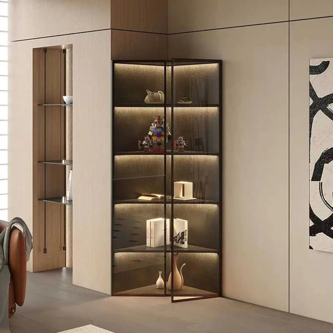 Modern Grey Metal Wood Corner Display Cabinet with Glass Door