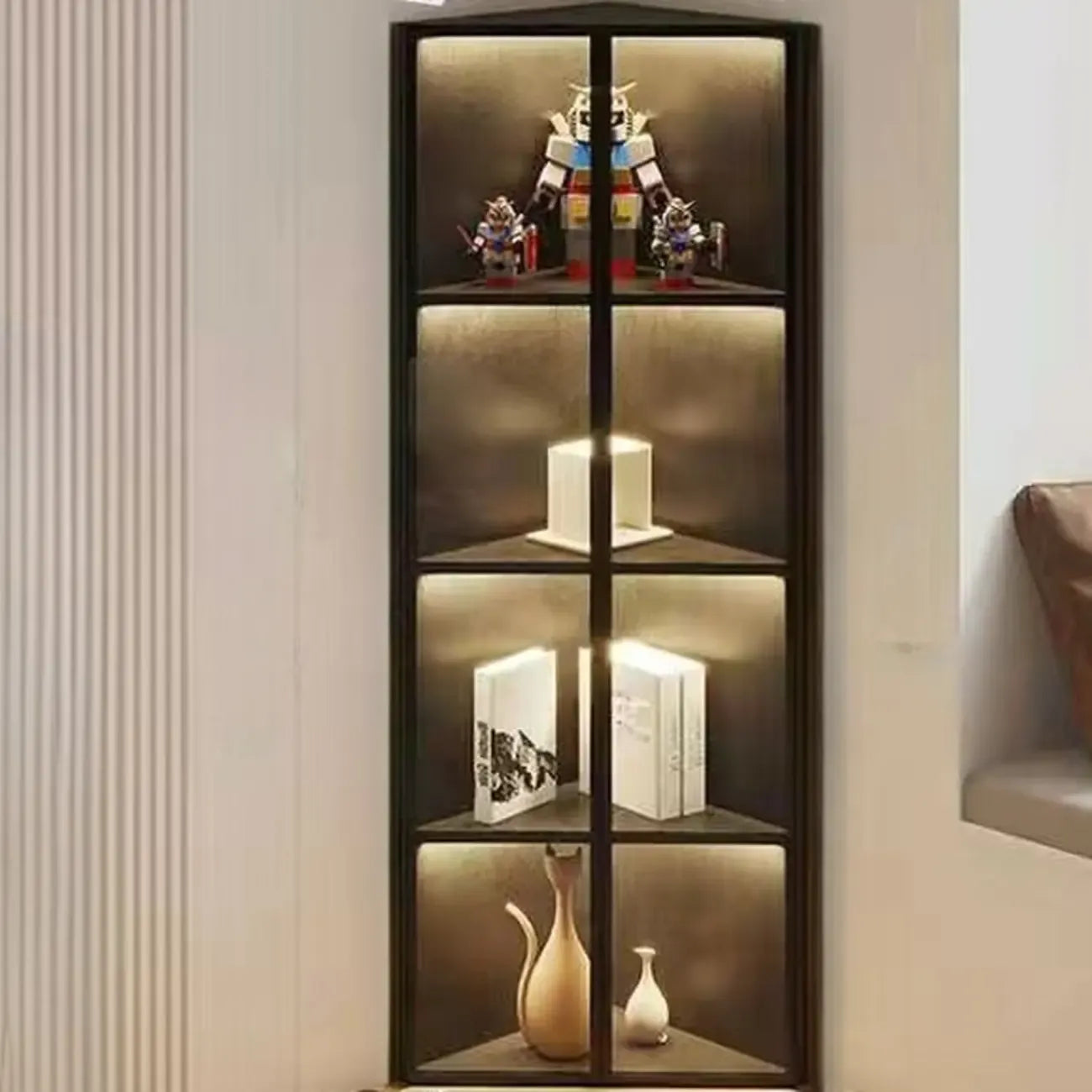Modern Grey Metal Wood Corner Display Cabinet with Glass Door