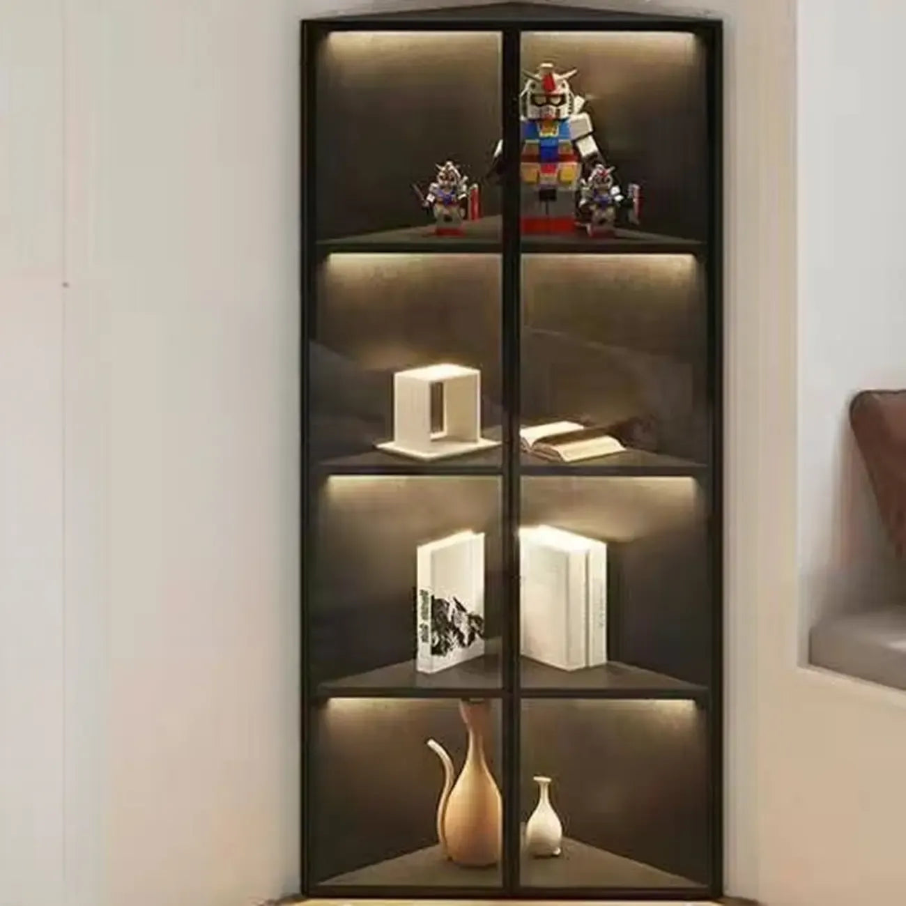 Modern Grey Metal Wood Corner Display Cabinet with Glass Door