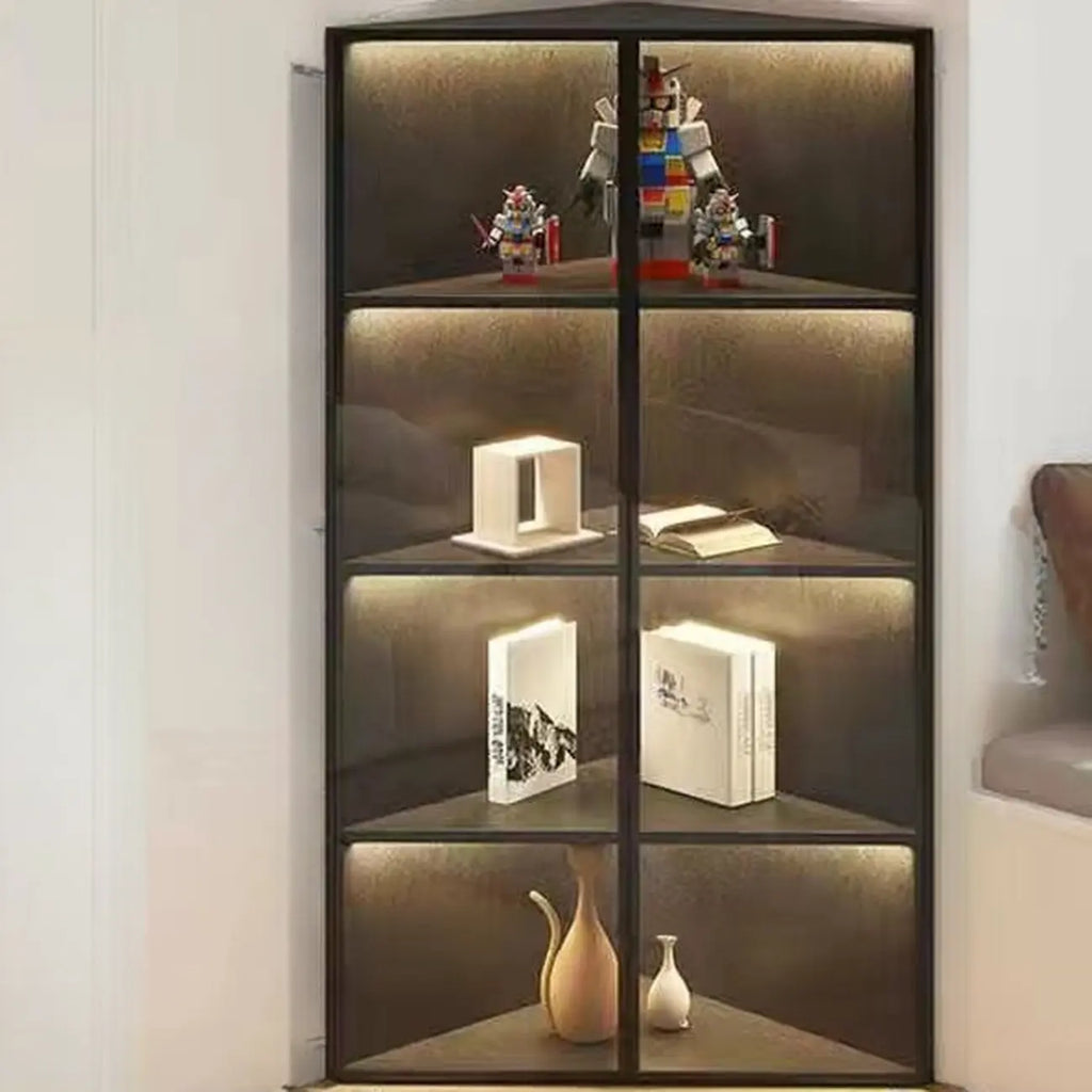 Modern Grey Metal Wood Corner Display Cabinet with Glass Door