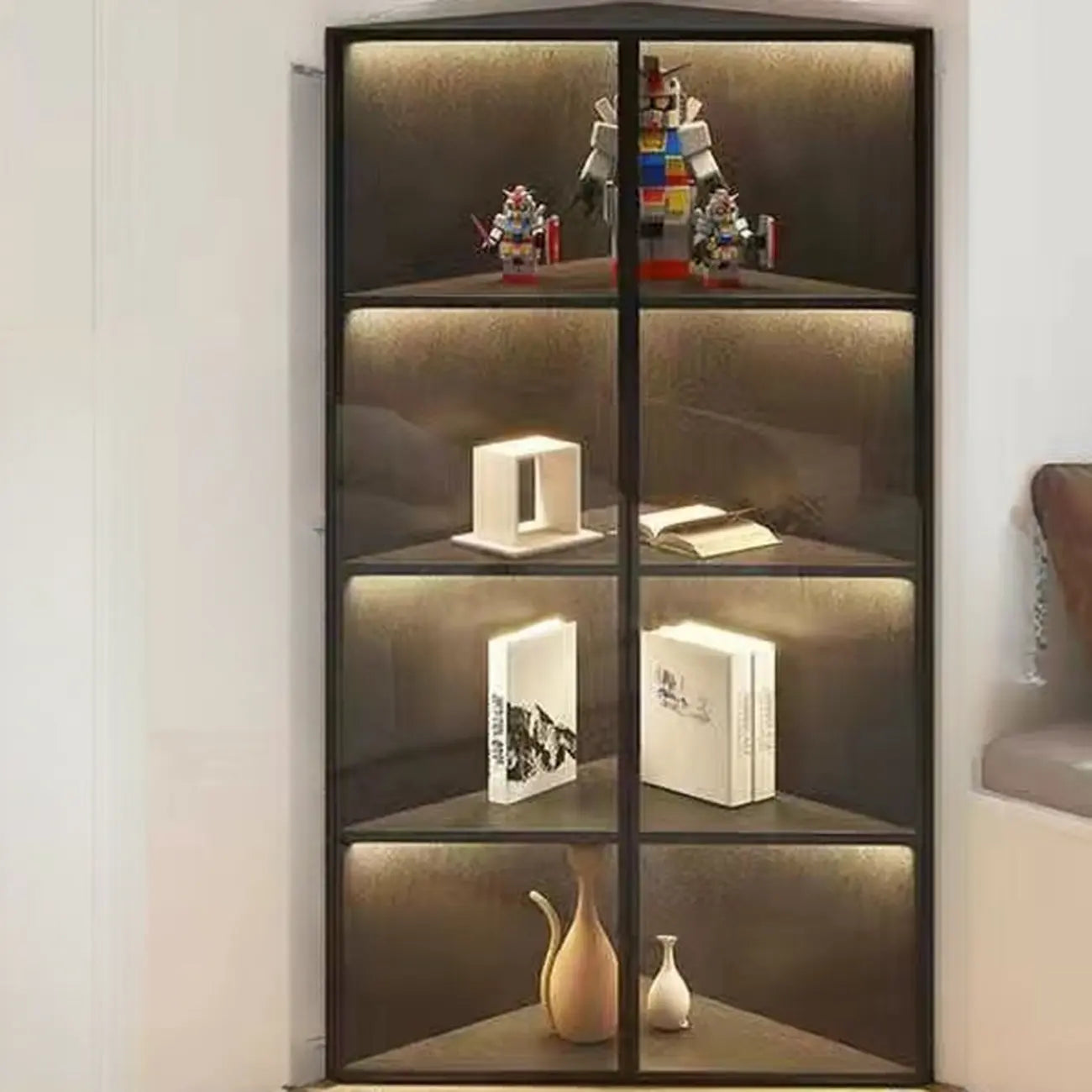 Modern Grey Metal Wood Corner Display Cabinet with Glass Door