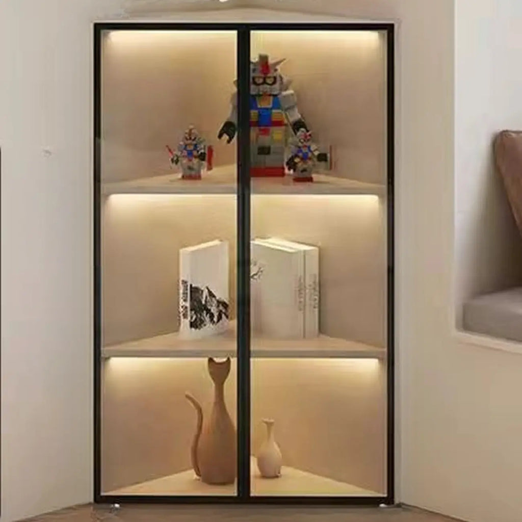 Modern Grey Metal Wood Corner Display Cabinet with Glass Door