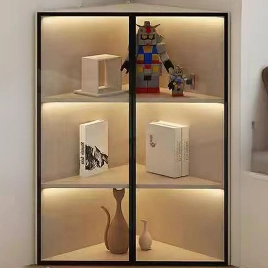 Modern Grey Metal Wood Corner Display Cabinet with Glass Door
