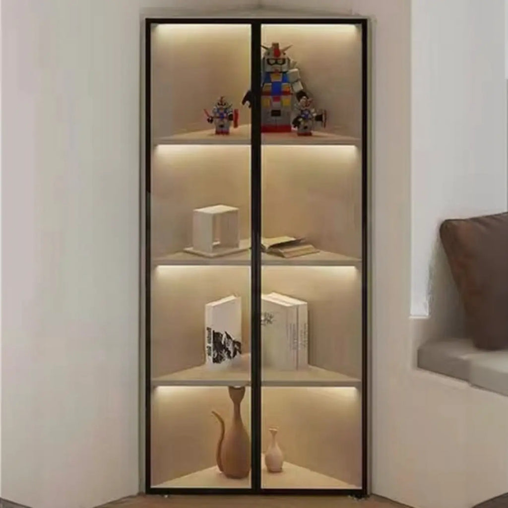 Modern Grey Metal Wood Corner Display Cabinet with Glass Door