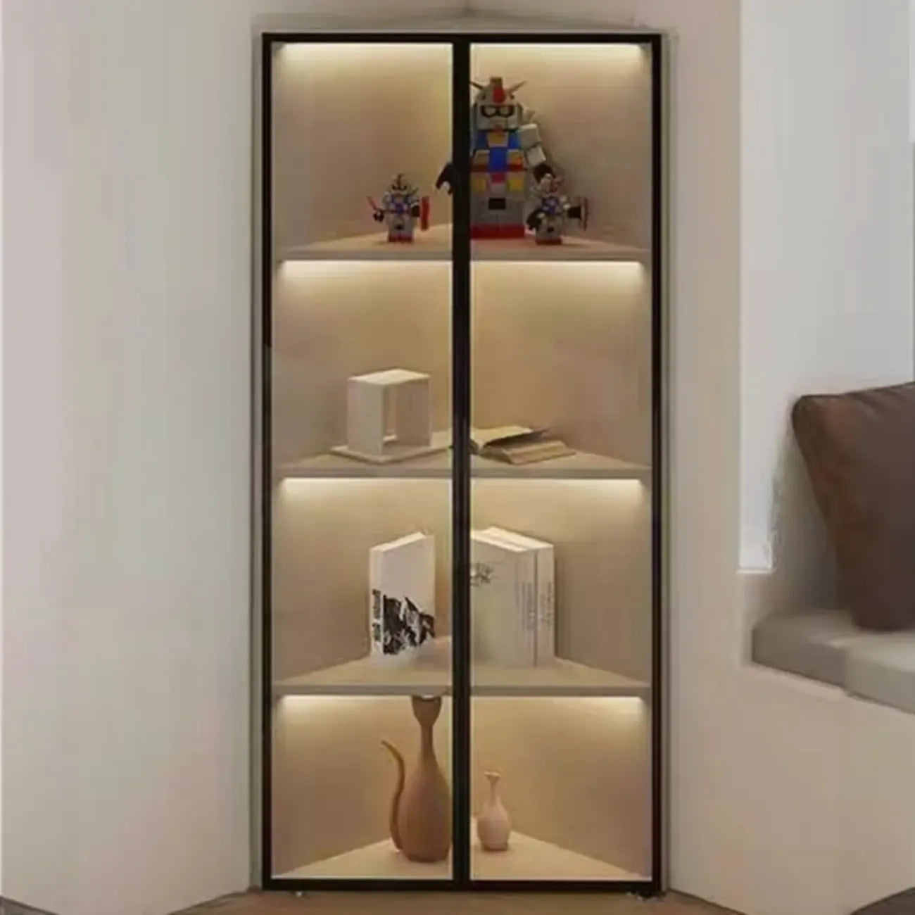 Modern Grey Metal Wood Corner Display Cabinet with Glass Door