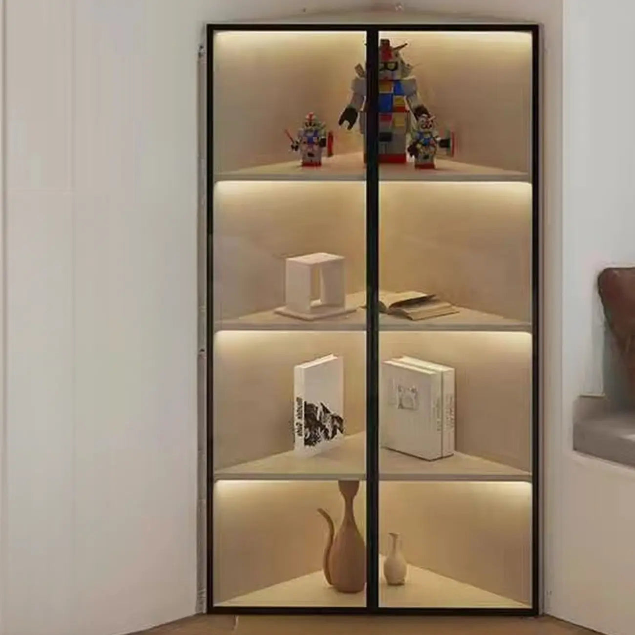 Modern Grey Metal Wood Corner Display Cabinet with Glass Door