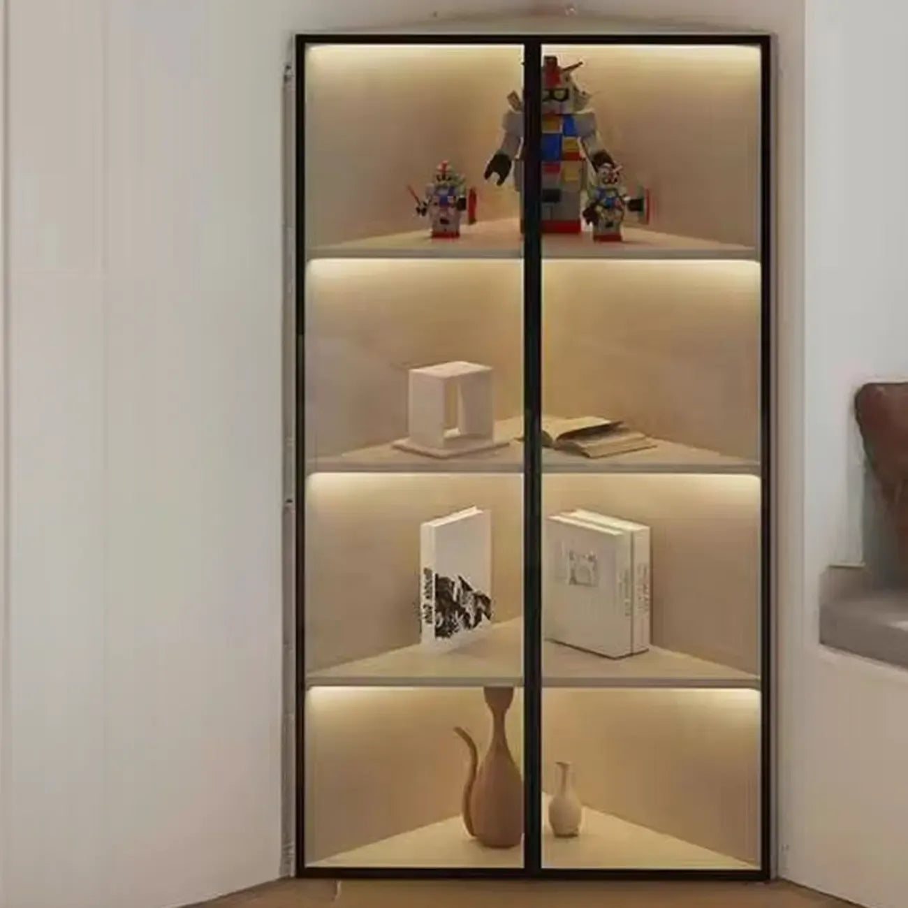 Modern Grey Metal Wood Corner Display Cabinet with Glass Door