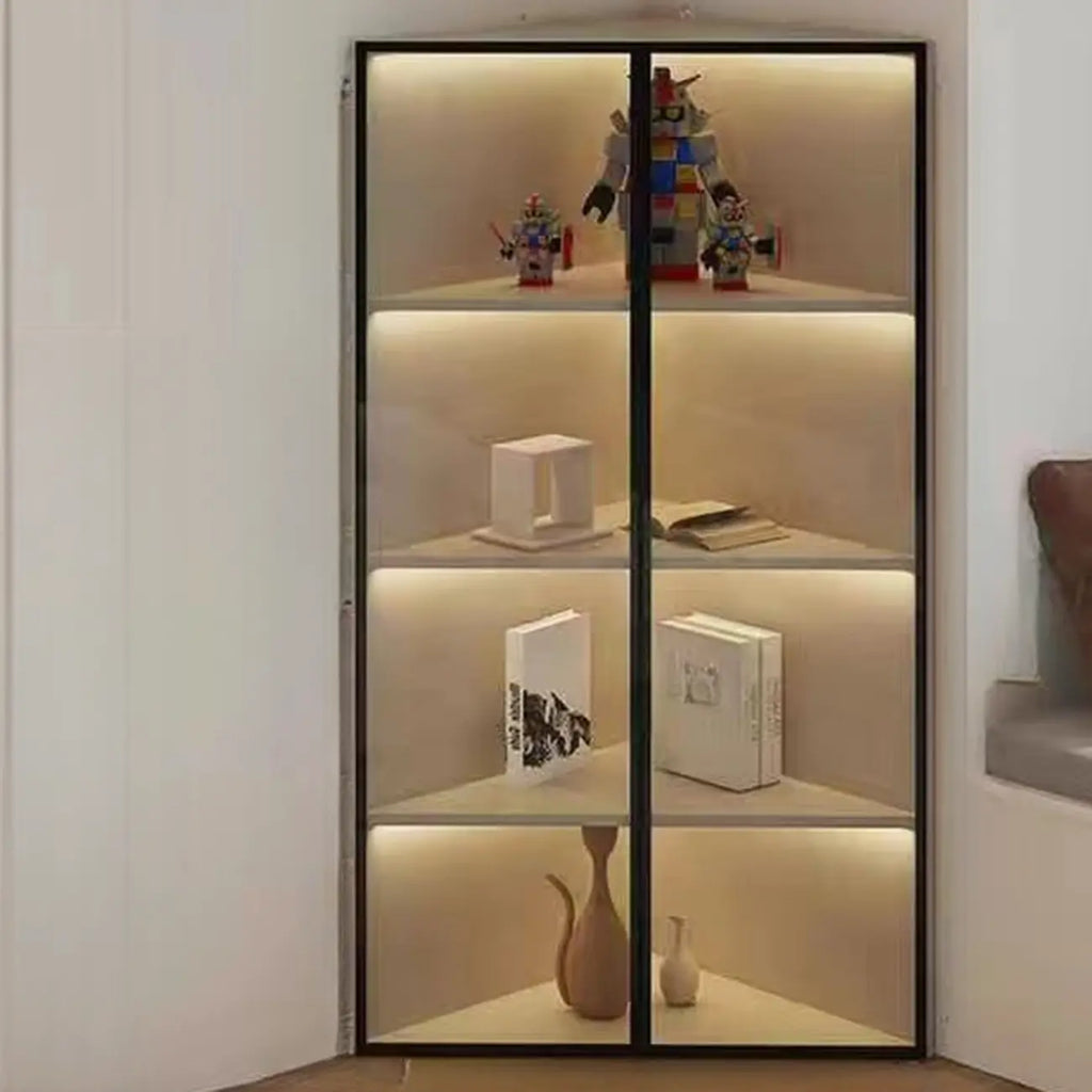 Modern Grey Metal Wood Corner Display Cabinet with Glass Door
