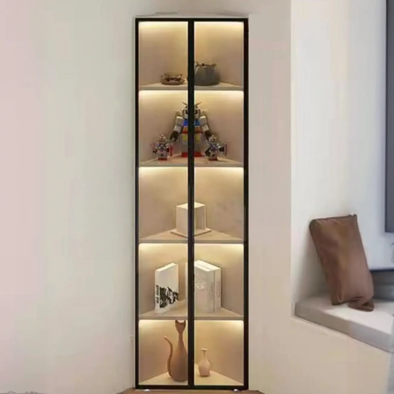 Modern Grey Metal Wood Corner Display Cabinet with Glass Door