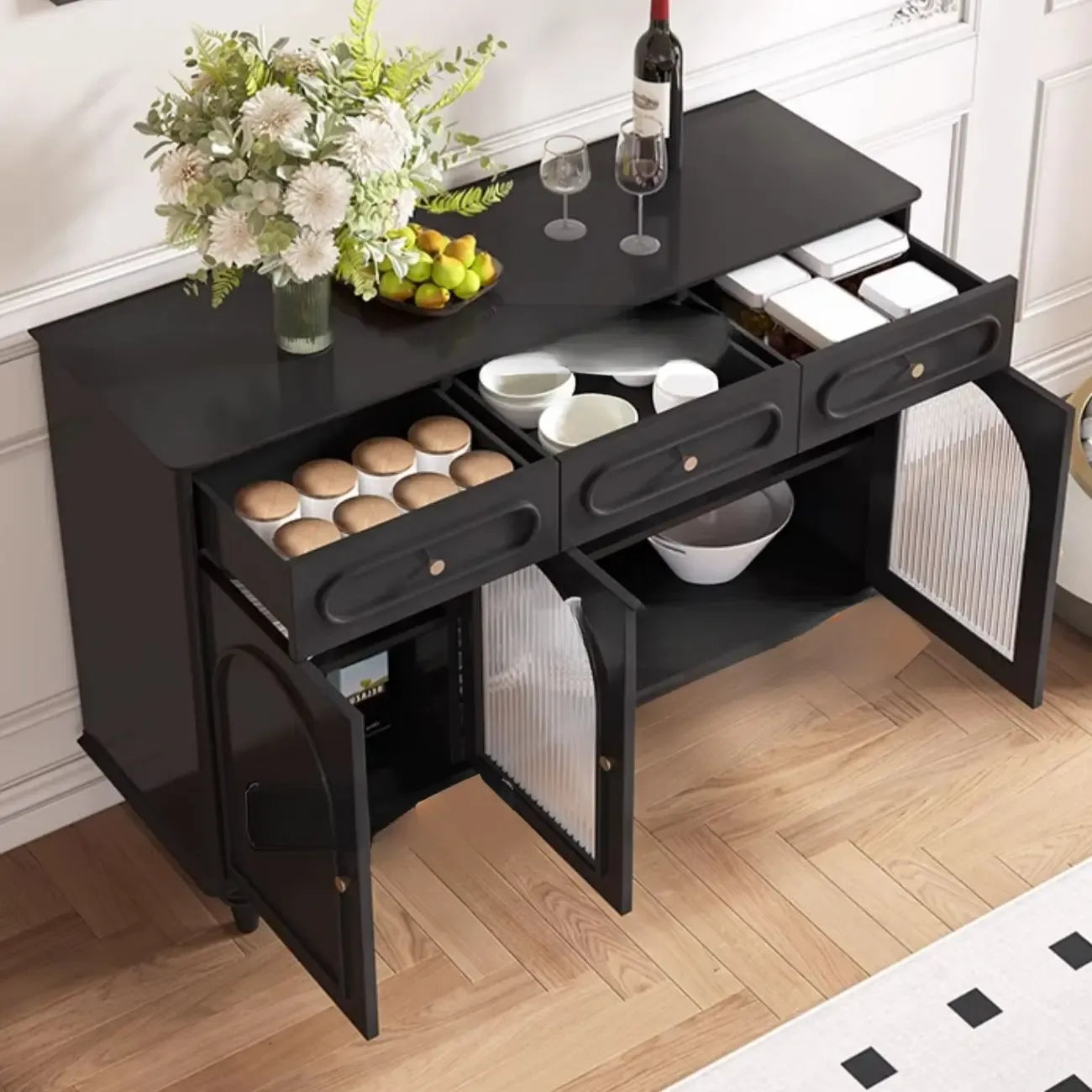 Vintage Midnight Black Wood Storage Sideboard