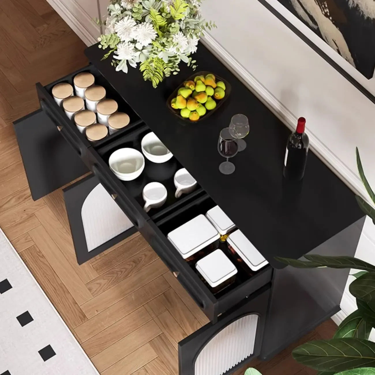 Vintage Midnight Black Wood Storage Sideboard