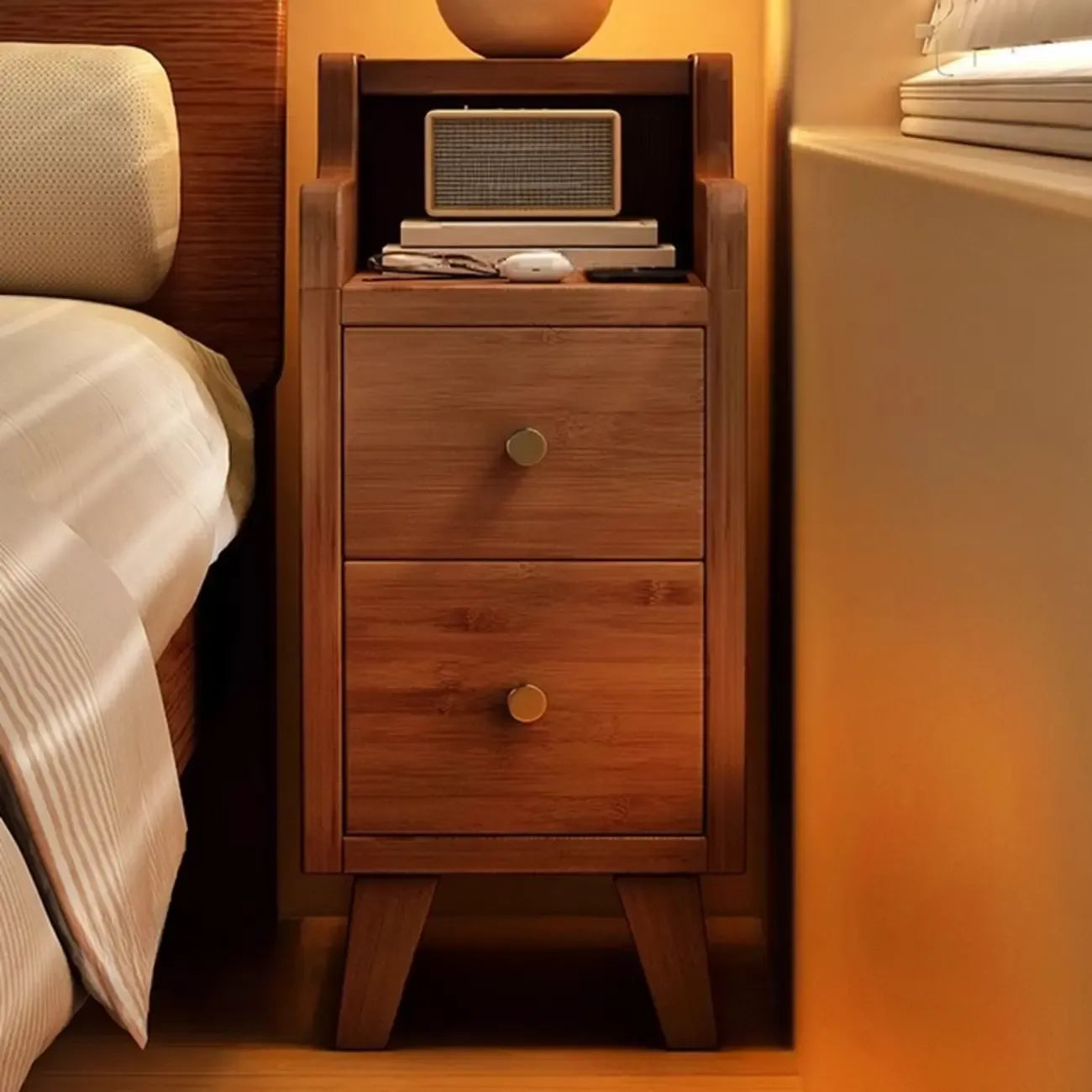 Narrow White Wood 2 Shelves Nightstand