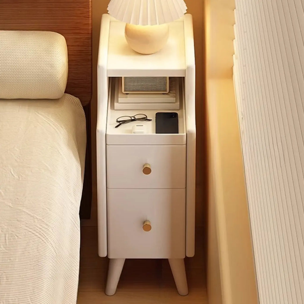 Narrow White Wood 2 Shelves Nightstand