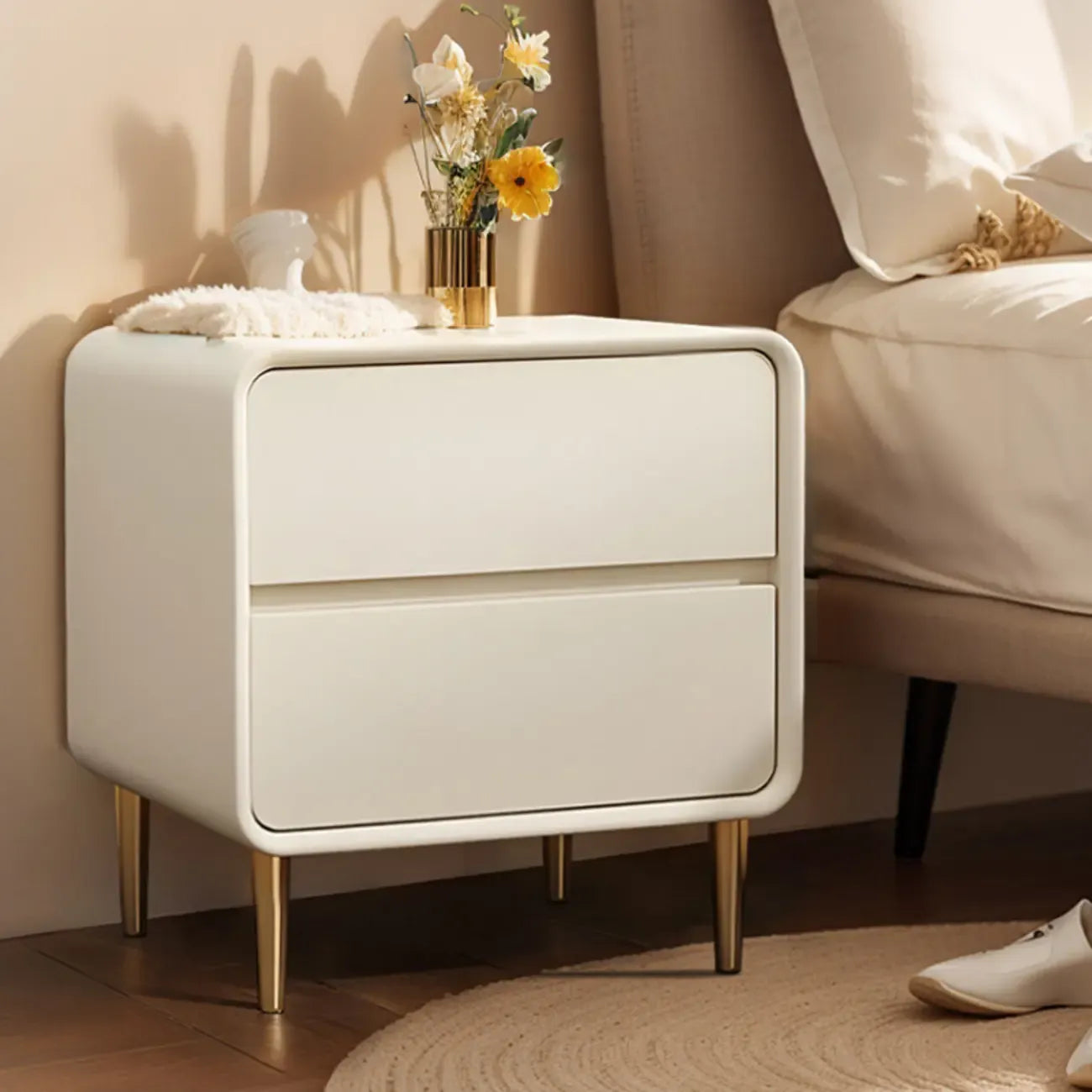 Modern White Bedside Table with Storage Drawers