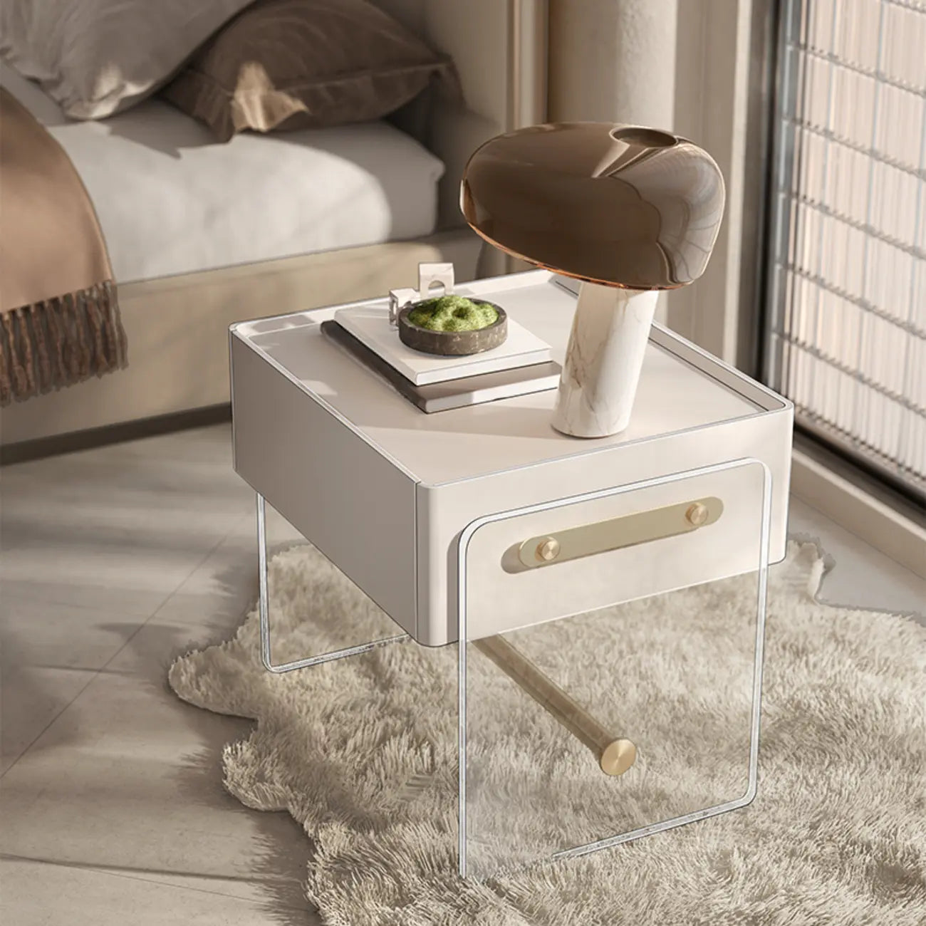 Modish White Acrylic 1-Drawer Nightstand with Shelf