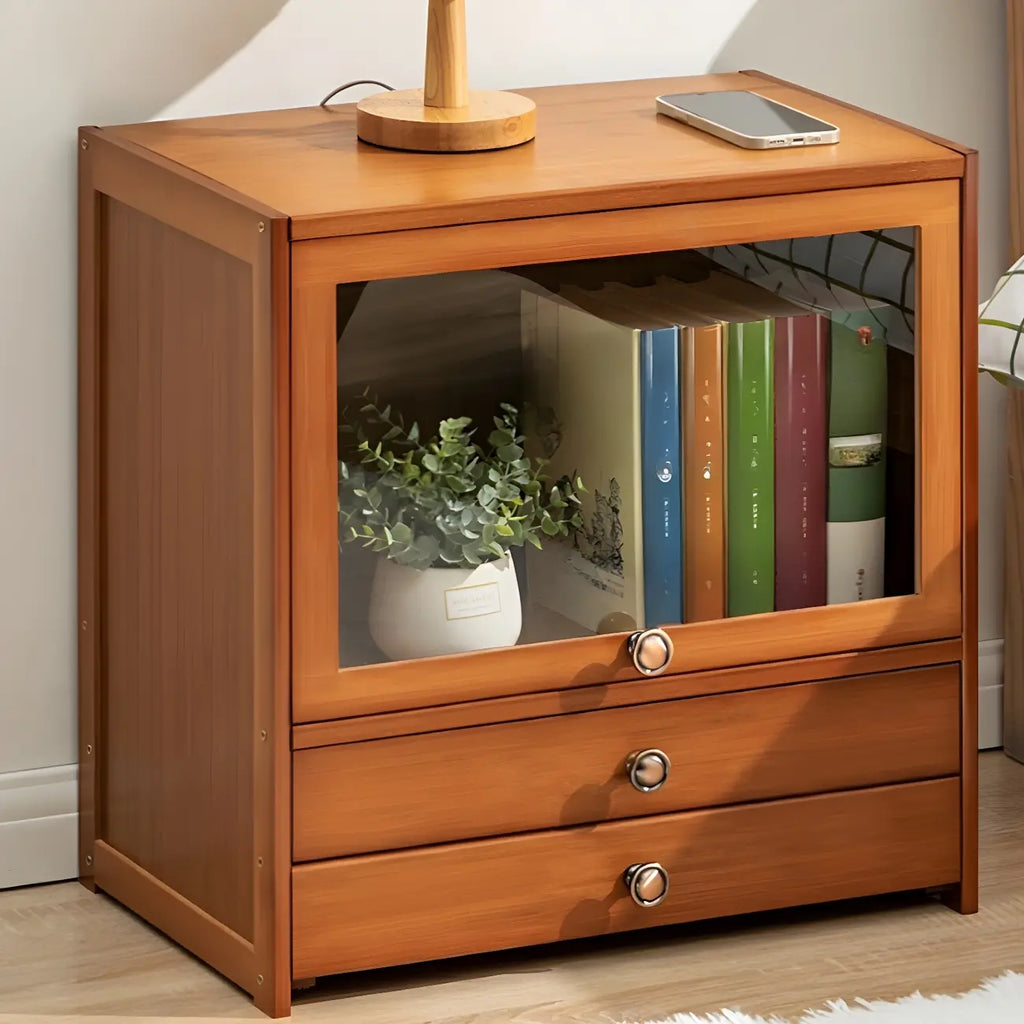 Traditional Wood 2-Drawer Glass Door Nightstand Brown