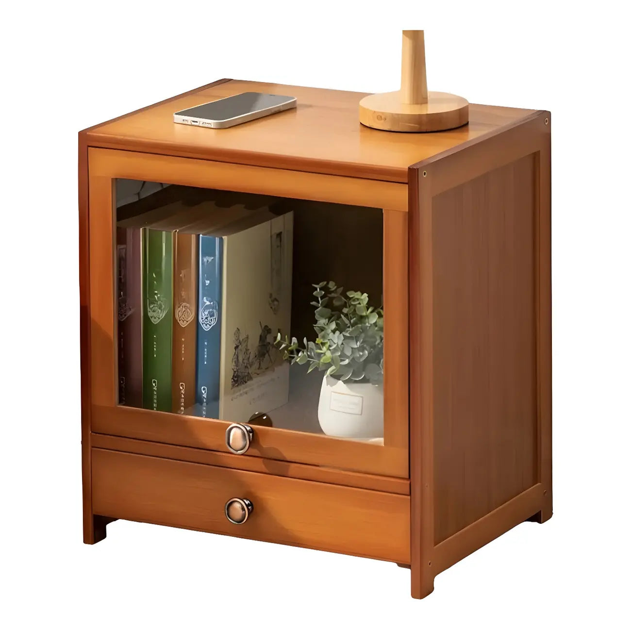 Traditional Wood 2-Drawer Glass Door Nightstand Brown