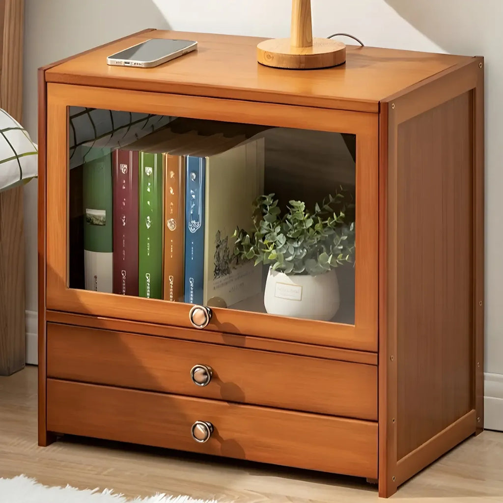 Traditional Wood 2-Drawer Glass Door Nightstand Brown