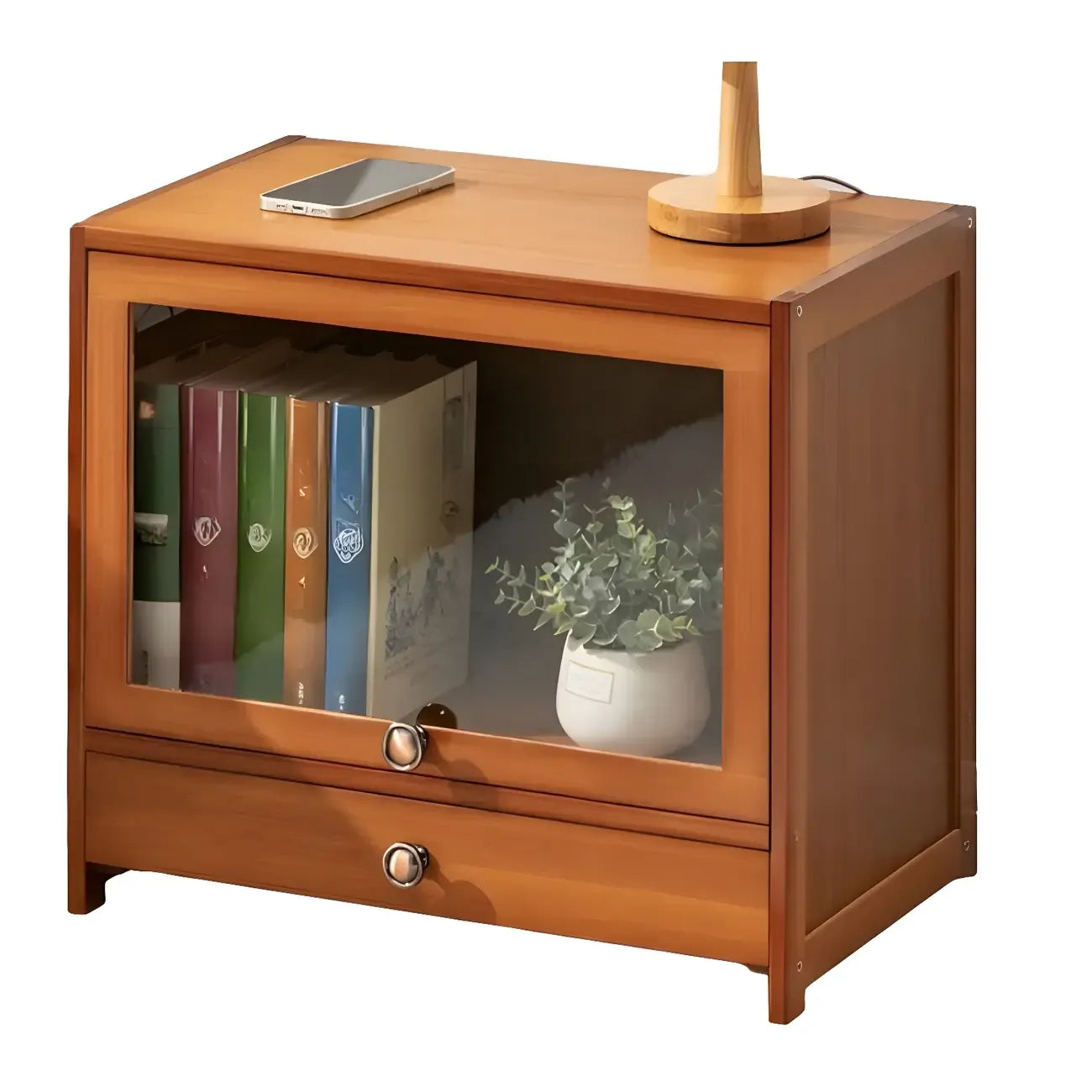 Traditional Wood 2-Drawer Glass Door Nightstand Brown
