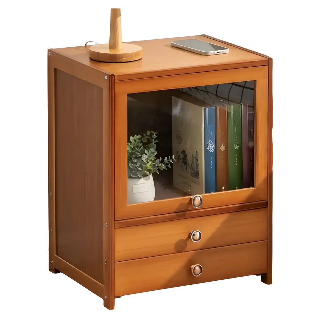 Traditional Wood 2-Drawer Glass Door Nightstand Brown