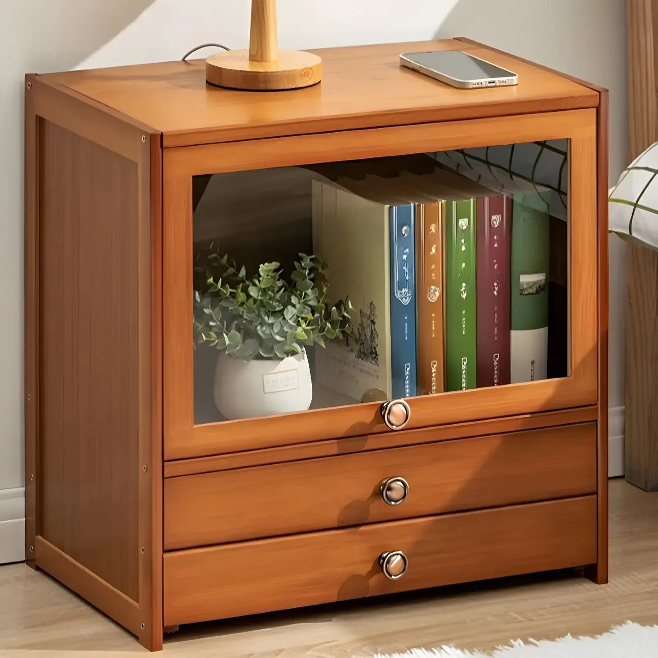 Traditional Wood 2-Drawer Glass Door Nightstand Brown