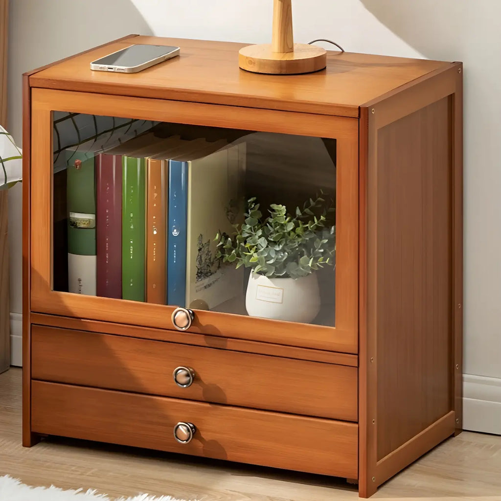 Traditional Wood 2-Drawer Glass Door Nightstand Brown