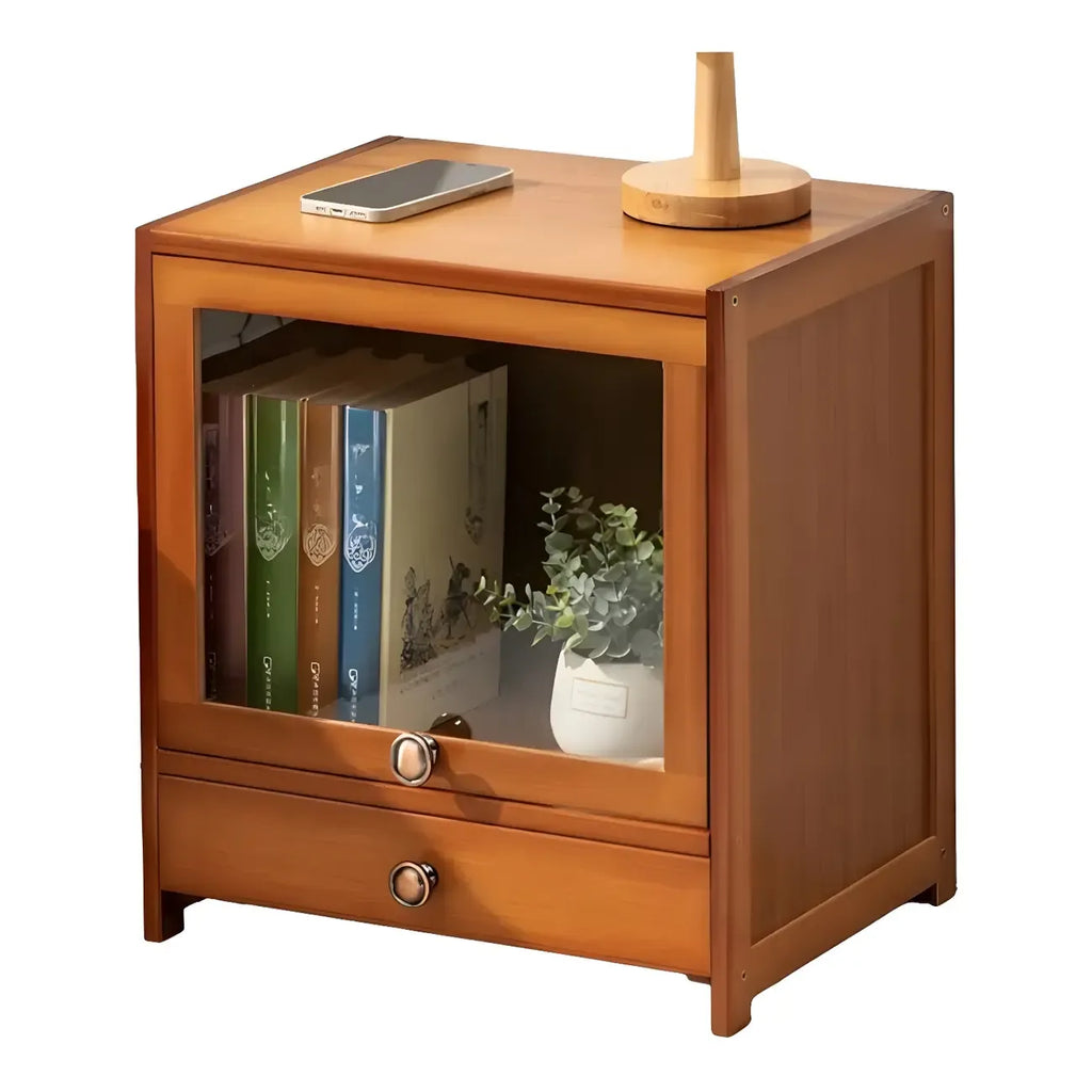 Traditional Wood 2-Drawer Glass Door Nightstand Brown