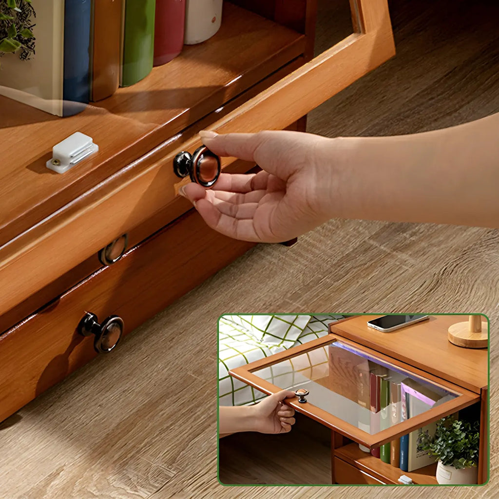 Traditional Wood 2-Drawer Glass Door Nightstand Brown