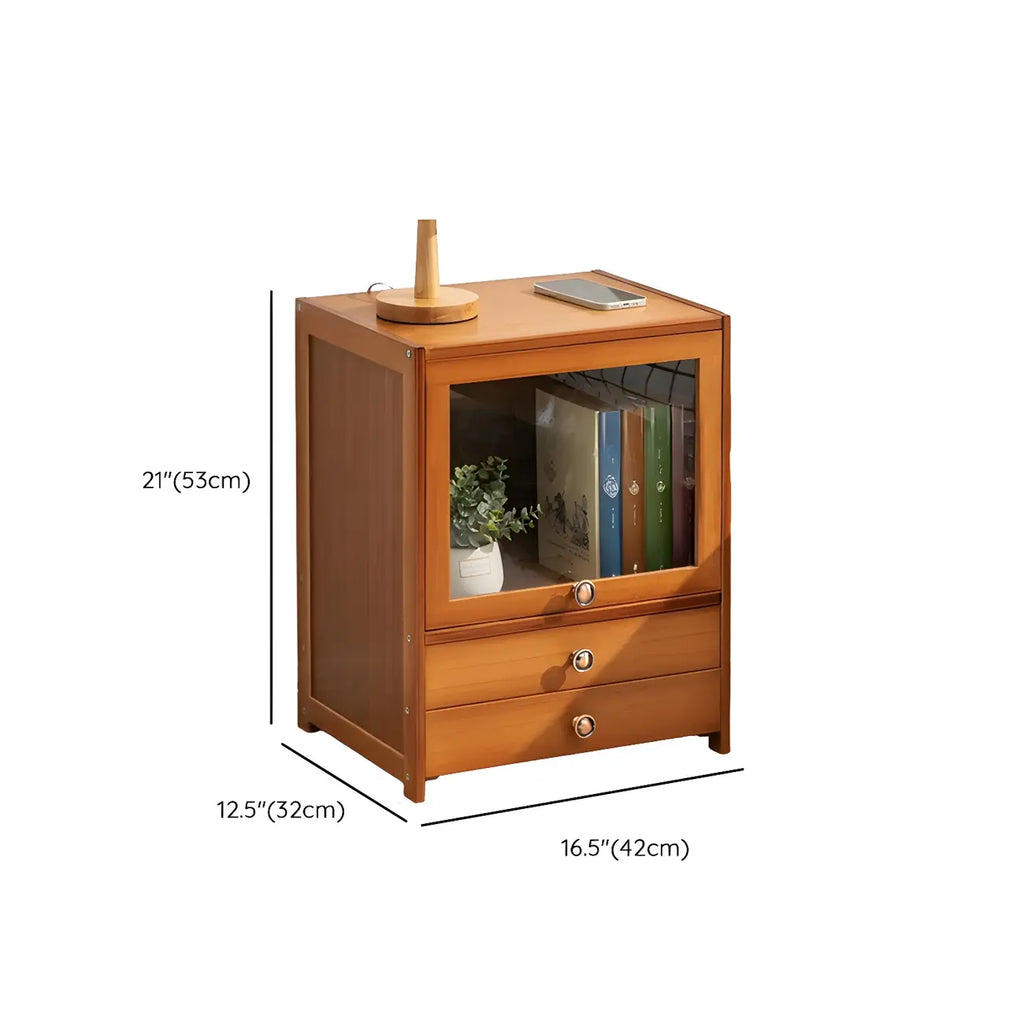 Traditional Wood 2-Drawer Glass Door Nightstand Brown