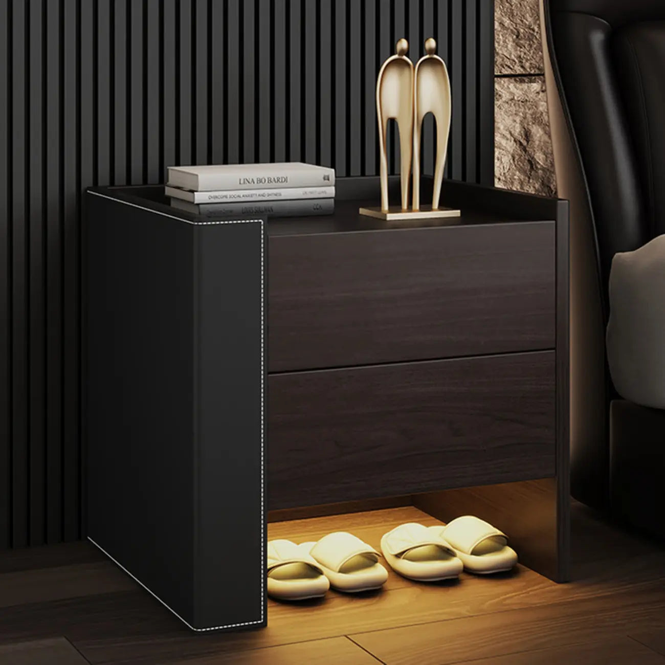 Off-White Wooden Drawer Storage Nightstand with Light