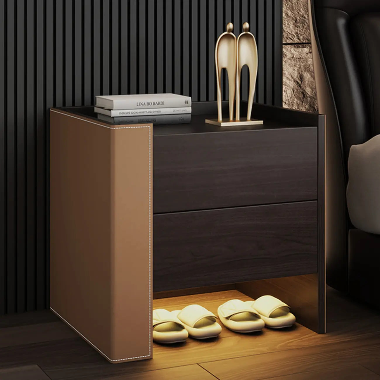 Off-White Wooden Drawer Storage Nightstand with Light