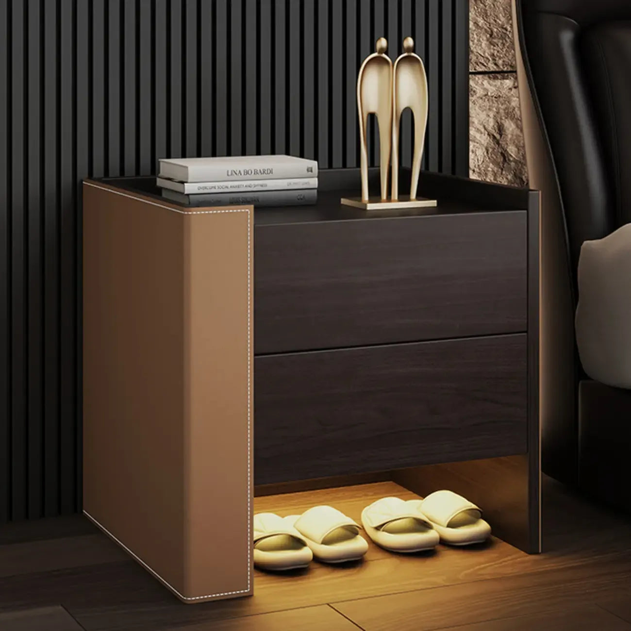 Off-White Wooden Drawer Storage Nightstand with Light