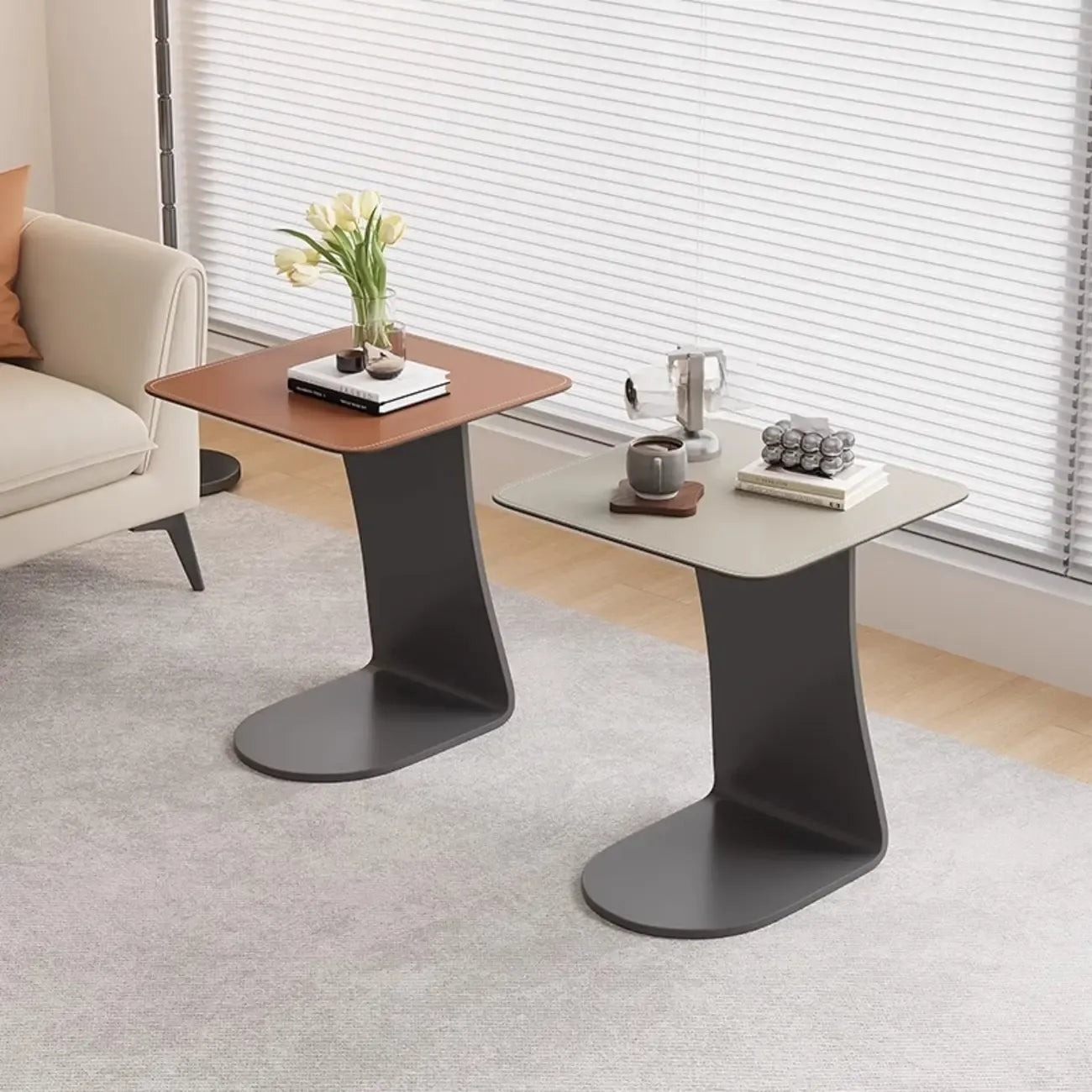 HomeyFad Square Leather Top C-Shape Metal Side Table