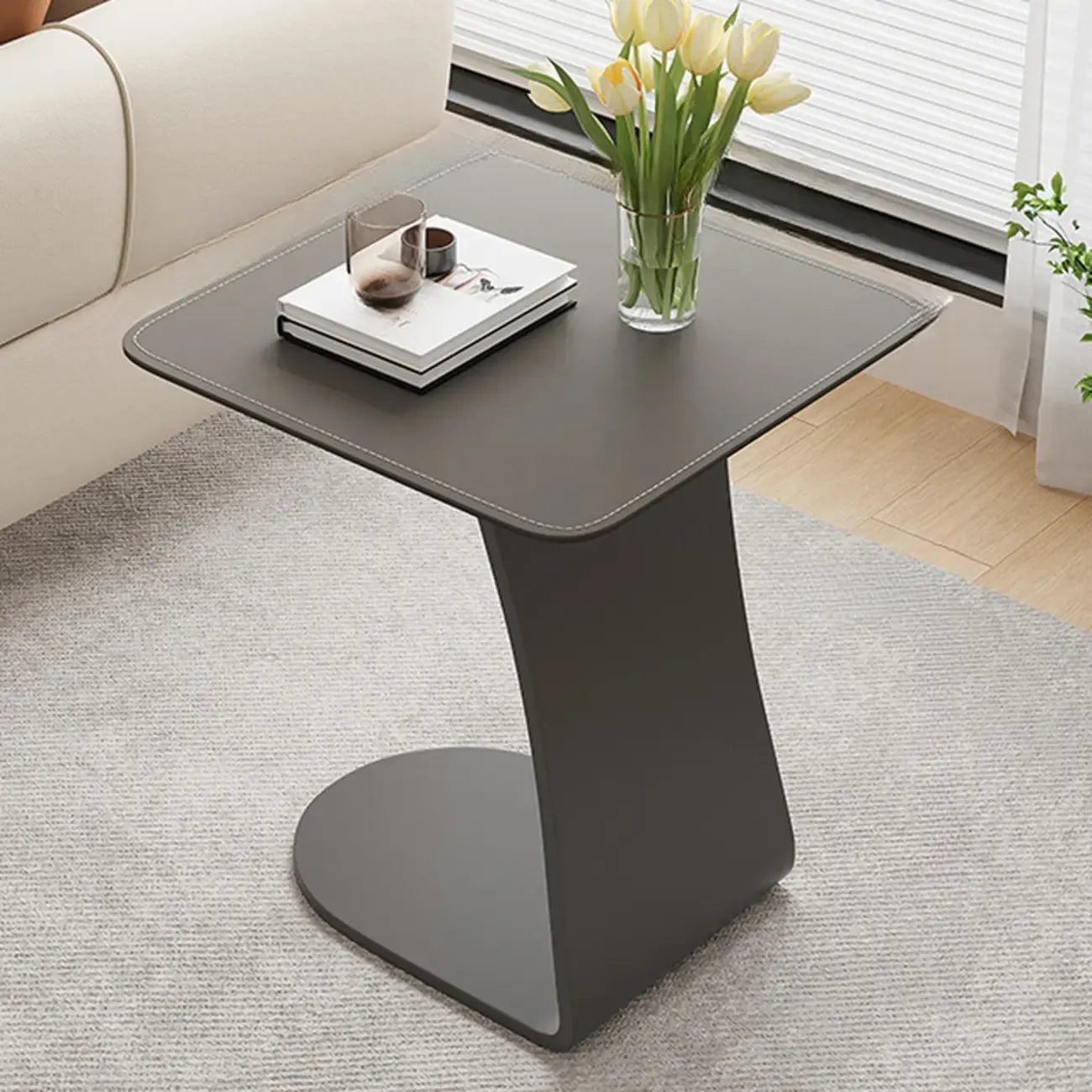 HomeyFad Square Leather Top C-Shape Metal Side Table