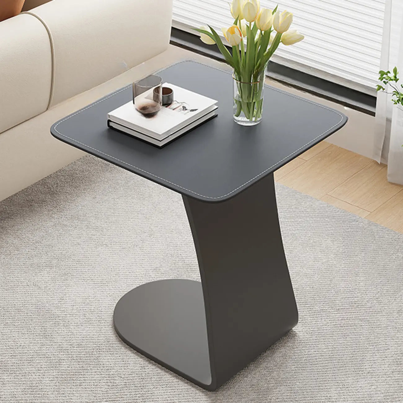 HomeyFad Square Leather Top C-Shape Metal Side Table