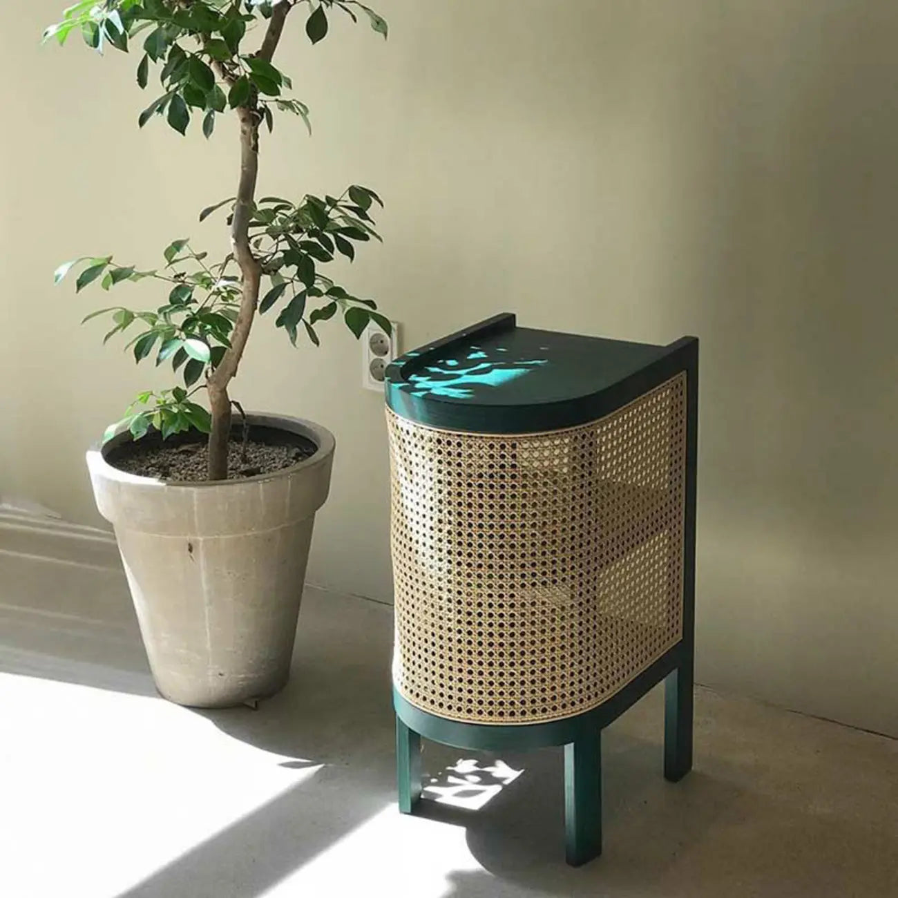 Small Natural Wood Rattan Panels End Table with Storage