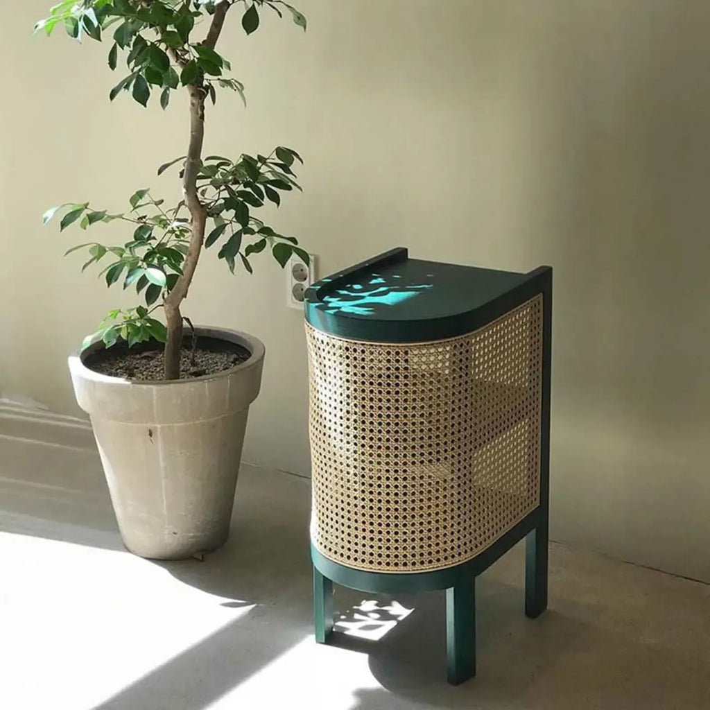 Small Natural Wood Rattan Panels End Table with Storage