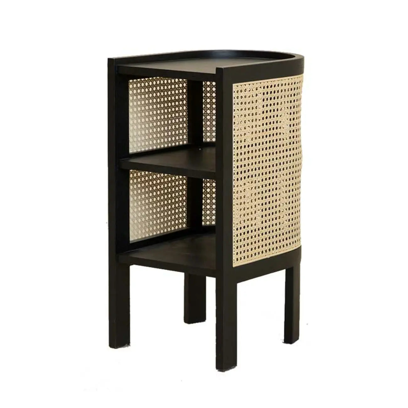 Small Natural Wood Rattan Panels End Table with Storage