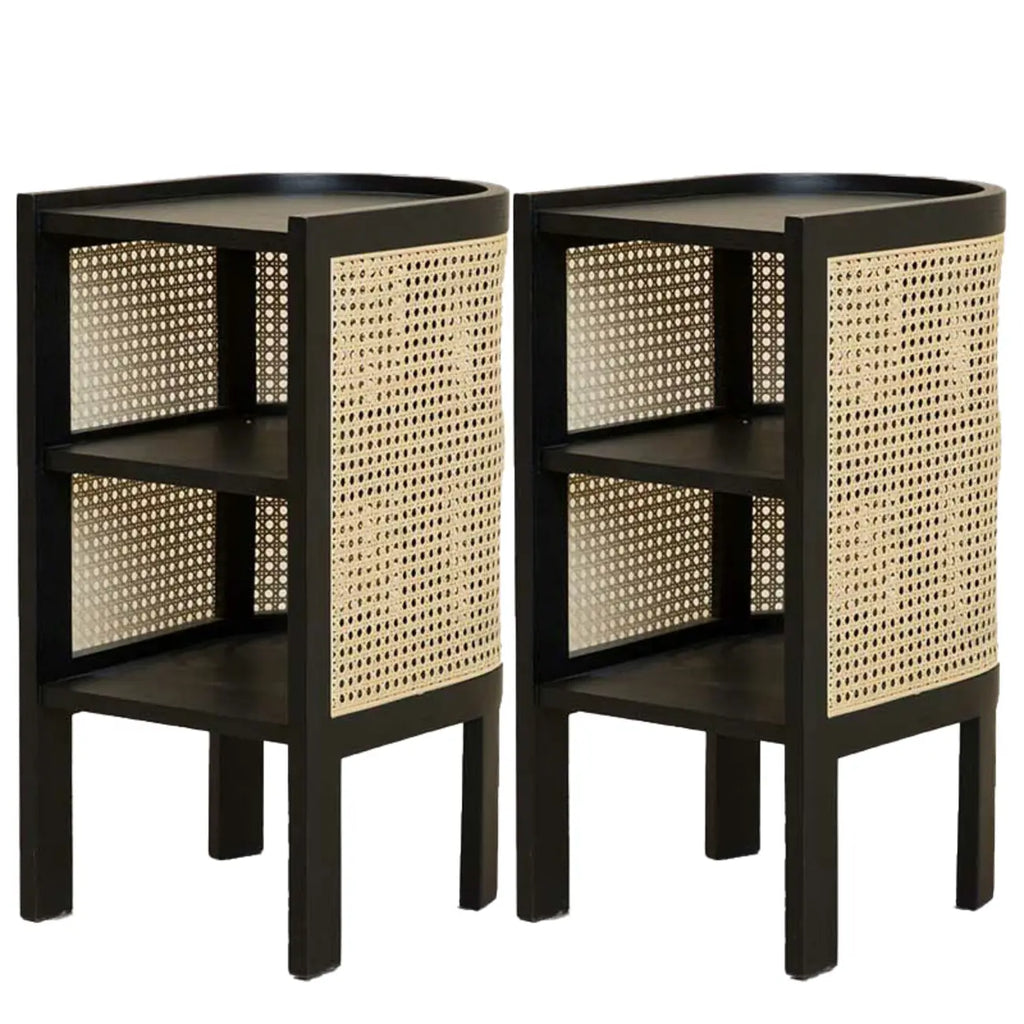 Small Natural Wood Rattan Panels End Table with Storage