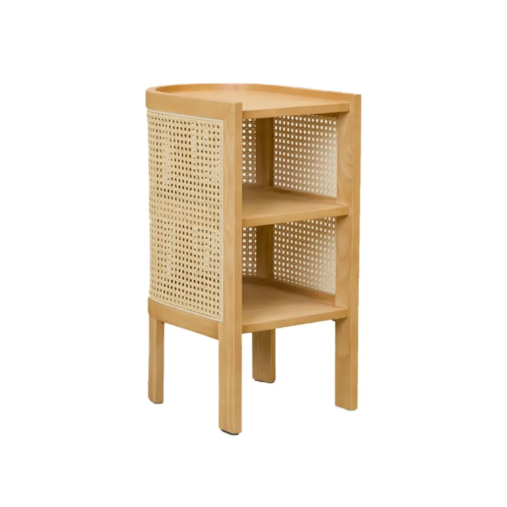 Small Natural Wood Rattan Panels End Table with Storage