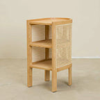 Small Natural Wood Rattan Panels End Table with Storage