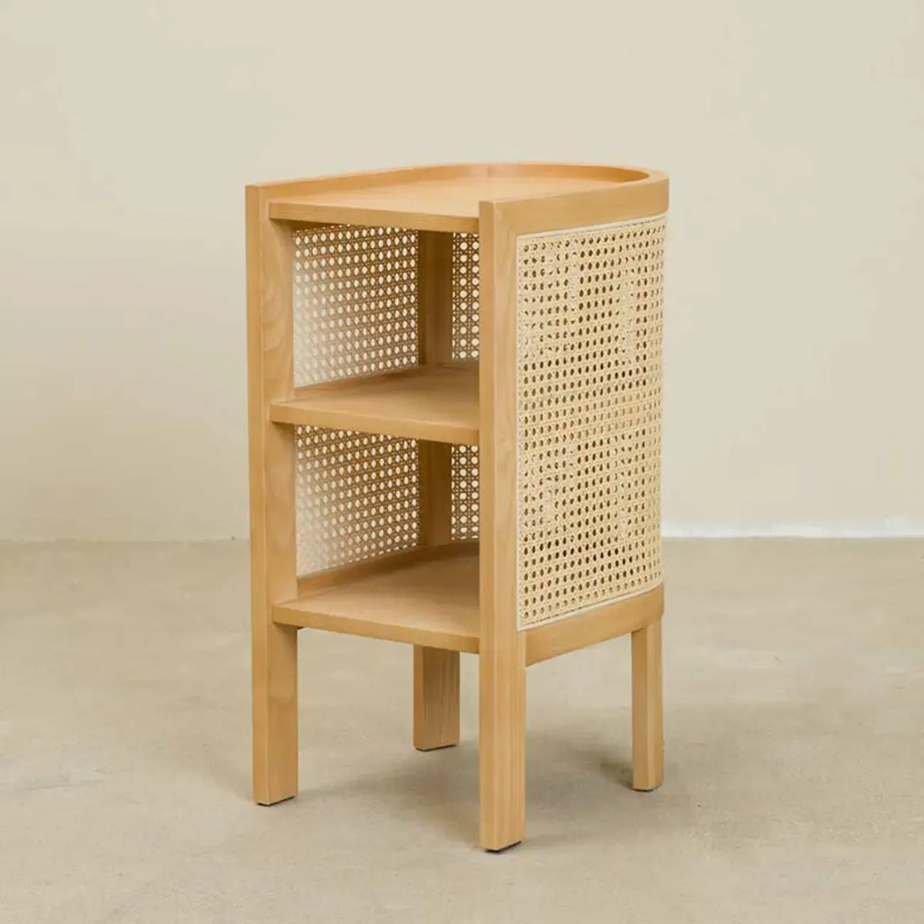 Small Natural Wood Rattan Panels End Table with Storage
