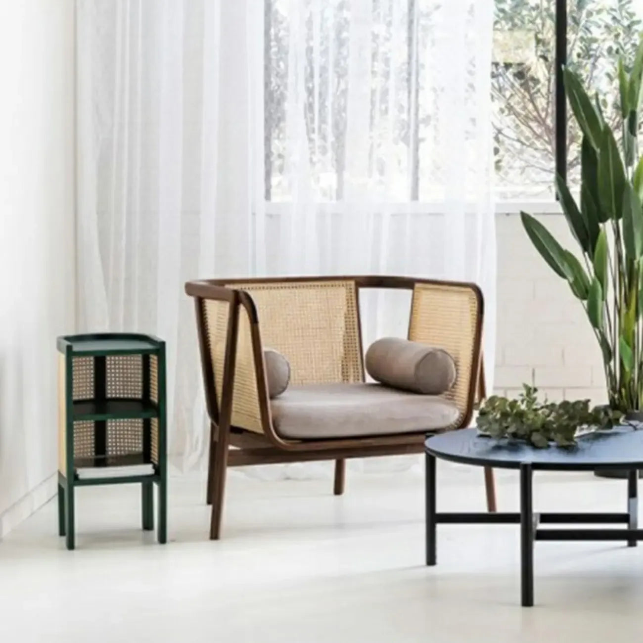 Small Natural Wood Rattan Panels End Table with Storage