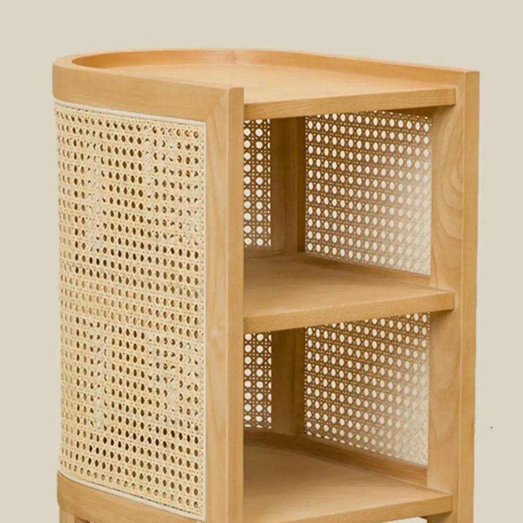 Small Natural Wood Rattan Panels End Table with Storage