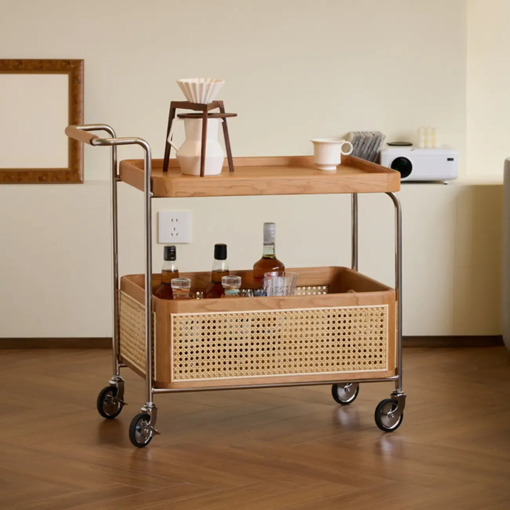 Rectangular Cherry Wood Storage Cart End Table with Wheels