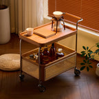 Rectangular Cherry Wood Storage Cart End Table with Wheels