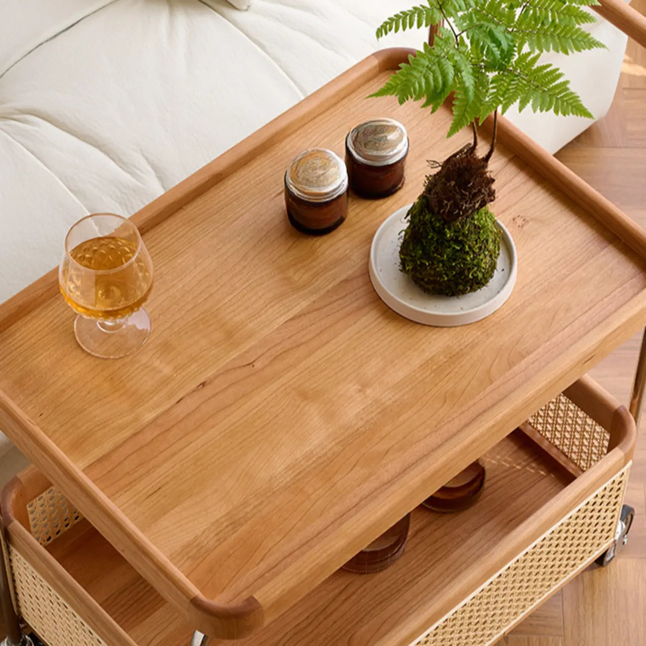 Rectangular Cherry Wood Storage Cart End Table with Wheels